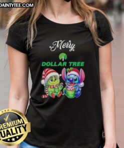 Alt Text: Cute Grinch and Stitch graphic on a Dollar Tree Merry Christmas ladies tee, perfect for holiday celebrations.