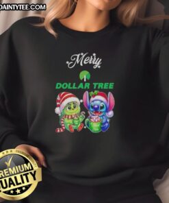 Alt Text: Cute Grinch and Stitch Christmas sweatshirt from Dollar Tree, perfect for holiday cheer and festive outfits.