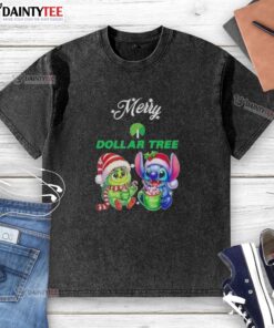 Cute Grinch and Stitch design on a Merry Christmas washed t-shirt from Dollar Tree, perfect for holiday festivities.