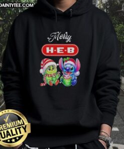 Alt Text: Cute Grinch and Stitch X H-E-B Merry Christmas hoodie featuring festive designs for holiday cheer.