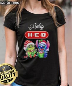 Alt Text: Cute Grinch and Stitch on H-E-B Merry Christmas ladies tee, perfect for festive holiday celebrations.