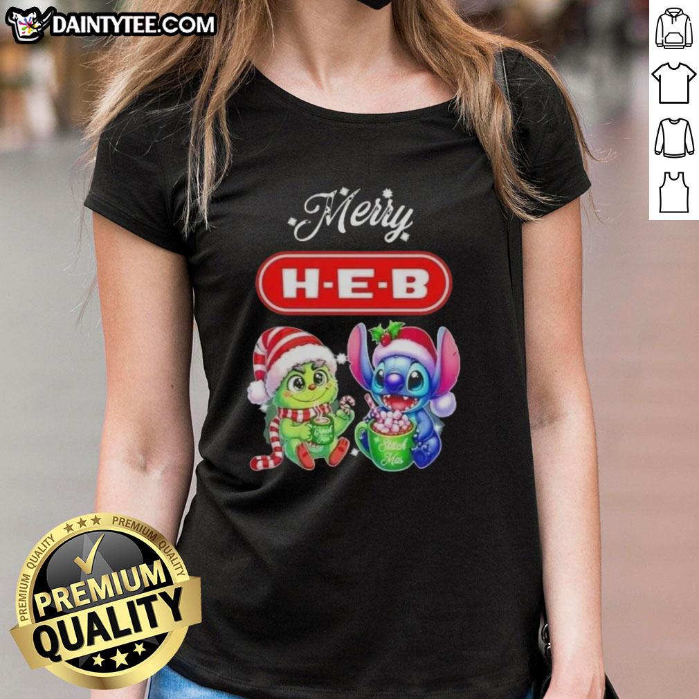 cute-grinch-and-stitch-x-h-e-b-merry-christmas-ladies-tee Alt Text: Cute Grinch and Stitch on H-E-B Merry Christmas ladies tee, perfect for festive holiday celebrations.