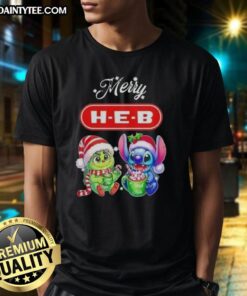 Alt Text: Cute Grinch and Stitch X H-E-B Merry Christmas T-Shirt featuring festive designs for a joyful holiday spirit.
