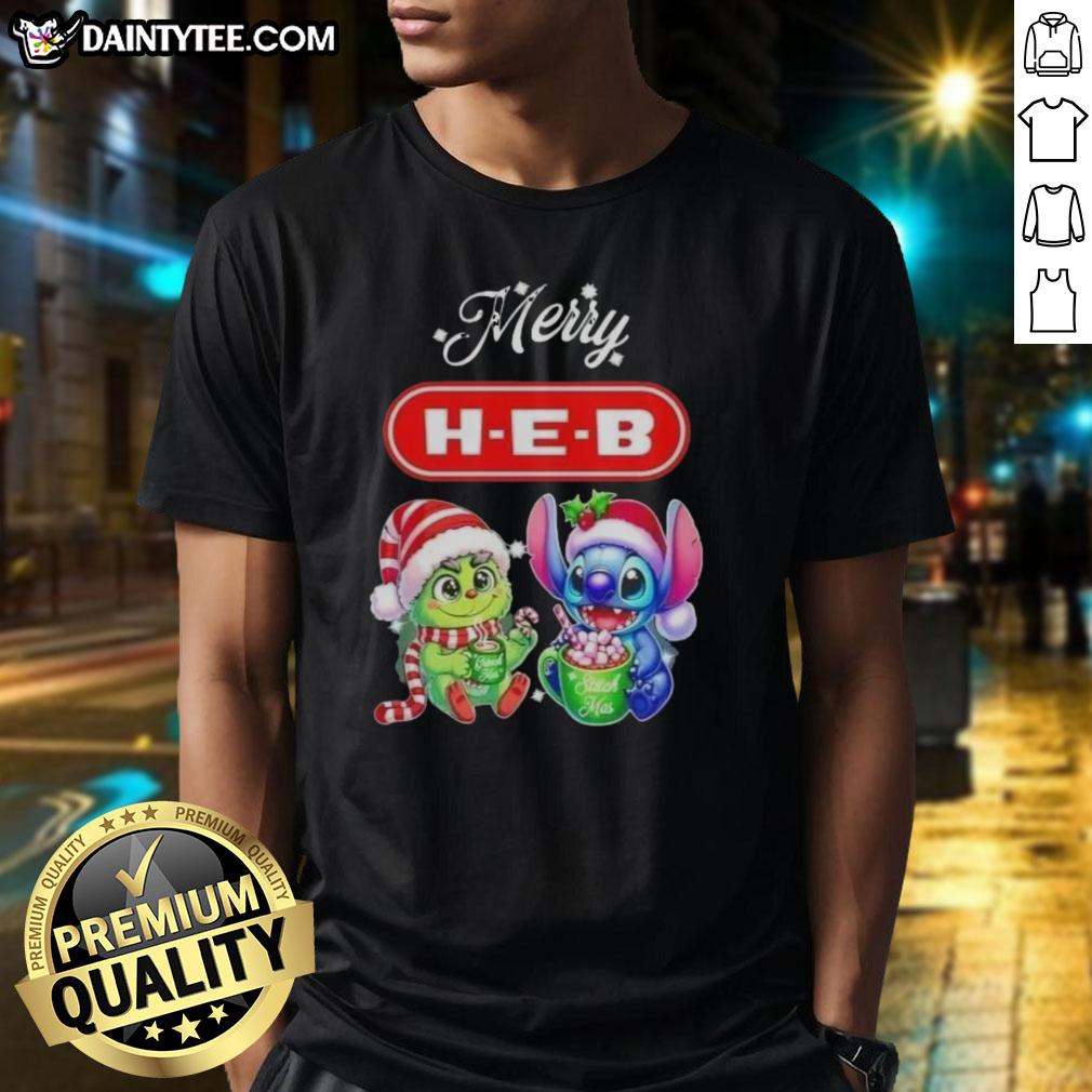 cute-grinch-and-stitch-x-h-e-b-merry-christmas-t-shirt Alt Text: Cute Grinch and Stitch X H-E-B Merry Christmas T-Shirt featuring festive designs for a joyful holiday spirit.