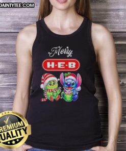 Alt Text: Cute Grinch and Stitch X H-E-B Merry Christmas tank top featuring festive designs for holiday cheer.