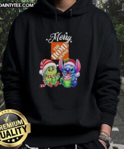 Alt Text: Cute Grinch and Stitch X Home Depot Merry Christmas hoodie featuring festive designs and vibrant colors for holiday cheer.