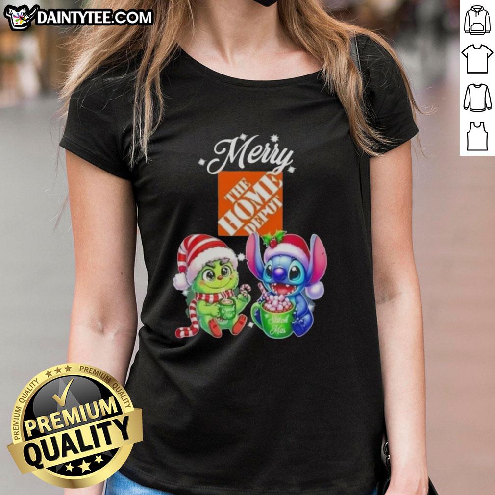 cute-grinch-and-stitch-x-home-depot-merry-christmas-ladies-tee Cute Grinch and Stitch Christmas tee for ladies, perfect for festive celebrations at Home Depot.