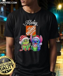 Alt Text: Cute Grinch and Stitch Christmas T-Shirt from Home Depot featuring festive designs for the holiday season.