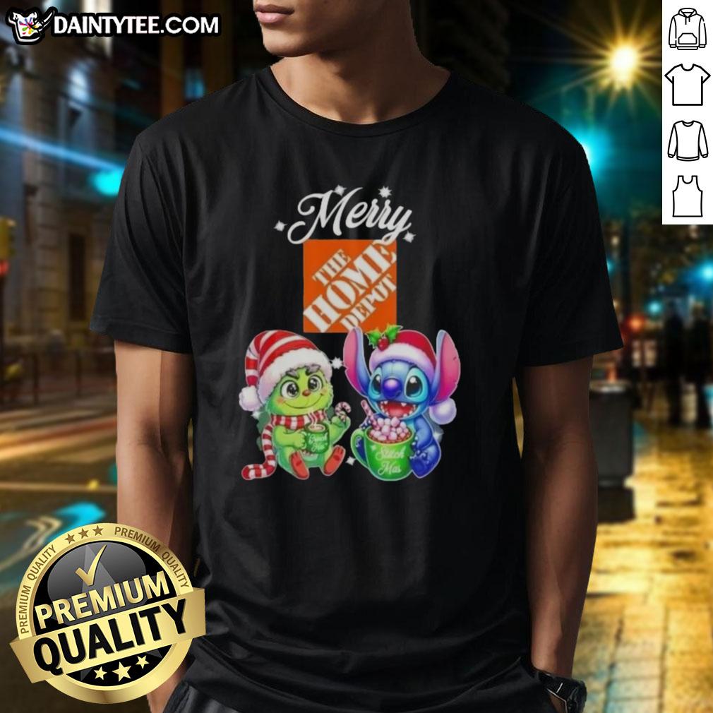 cute-grinch-and-stitch-x-home-depot-merry-christmas-t-shirt Alt Text: Cute Grinch and Stitch Christmas T-Shirt from Home Depot featuring festive designs for the holiday season.