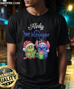 Alt Text: Cute Grinch and Stitch X Kroger Merry Christmas T-Shirt featuring vibrant colors and festive holiday design.