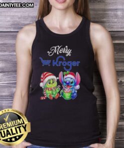 Alt Text: Cute Grinch and Stitch X Kroger Merry Christmas tank top featuring festive designs perfect for holiday celebrations.