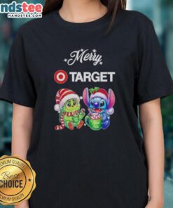 Alt Text: Cute Grinch and Stitch X Target Merry Christmas ladies tee featuring festive graphics and vibrant colors.