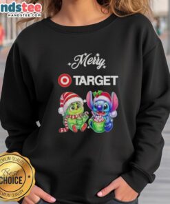 Alt Text: Cute Grinch and Stitch X Target Merry Christmas sweatshirt featuring festive designs for cozy holiday style.