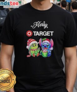 Alt Text: Cute Grinch and Stitch X Target Merry Christmas T-Shirt featuring vibrant holiday graphics and festive colors.