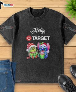 Alt Text: Cute Grinch and Stitch X Target Merry Christmas washed t-shirt featuring festive graphics and a cozy design.