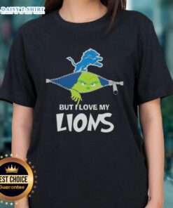 Alt Text: Cute Grinch graphic on a ladies tee, showcasing love for Detroit Lions football, perfect for fans.