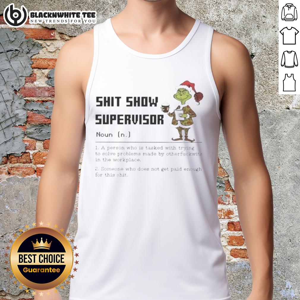 Cute Grinch Shit Show Supervisor Noun Merry Christmas Tank Top Alt Text: Cute Grinch Shit Show Supervisor tank top design for Merry Christmas celebrations, featuring a festive Grinch graphic.