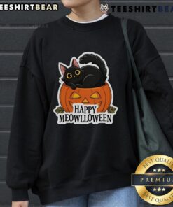 Alt Text: Cute happy cat in a Halloween sweatshirt, perfect for Meowlloween festivities and fall celebrations.