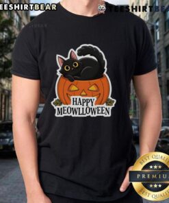 Adorable Halloween cat t-shirt featuring a cute cat in a pumpkin costume for Meowlloween celebrations.