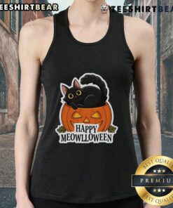 Cute Halloween cat tank top featuring a happy cat in a festive design for Meowlloween celebration.