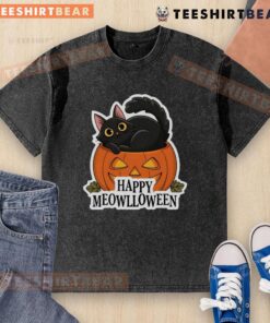 Alt Text: Cute Halloween cat in a washed t-shirt, ready for Meowlloween festivities with a joyful expression.