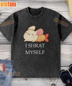 Alt Text: Cute cartoon design on a washed t-shirt featuring a playful character saying I Shrat Myself. Perfect for casual wear.