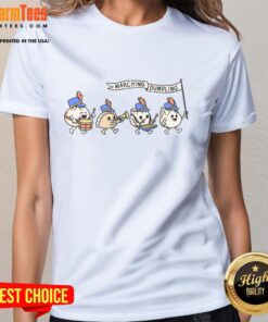 Alt Text: Cute Marching Dumpling Ladies Tee featuring playful dumpling graphics and vibrant colors for a fun, stylish look.