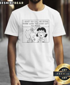 Alt Text: Cute Peanuts characters on 'Boring Barbie' Coke t-shirt, showcasing playful design and vibrant colors.