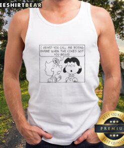 Alt Text: Cute Peanuts characters on a tank top with the phrase I Heard You Call Me Boring Barbie for a fun, playful look.