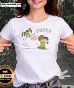 Adorable Lucy van Pelt Aaugh graphic on a ladies tee featuring cute peanuts design for fans of the classic comic.