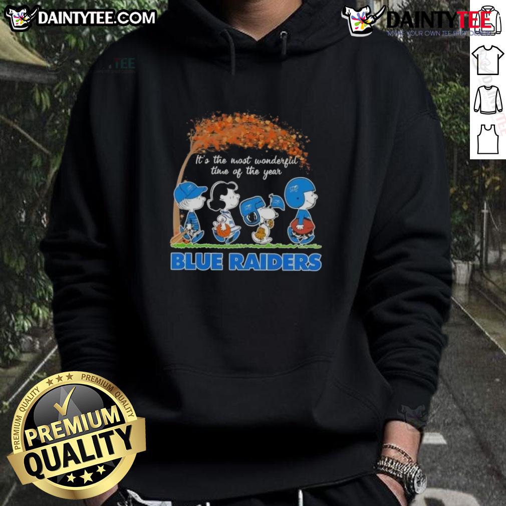 Cute Peanuts Snoopy And Friends It's The Most Wonderful Time Of The Year Blue Raiders Hoodie Alt Text: Cute Peanuts Snoopy and Friends Blue Raiders hoodie, perfect for the most wonderful time of the year.
