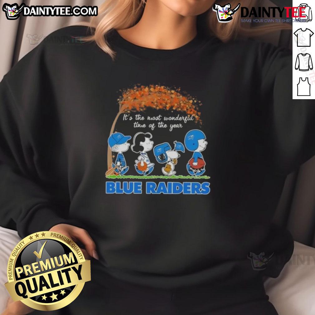 Cute Peanuts Snoopy And Friends It's The Most Wonderful Time Of The Year Blue Raiders Sweatshirt Cute Peanuts Snoopy and Friends sweatshirt in blue, perfect for the holidays - 'It's The Most Wonderful Time Of The Year'.