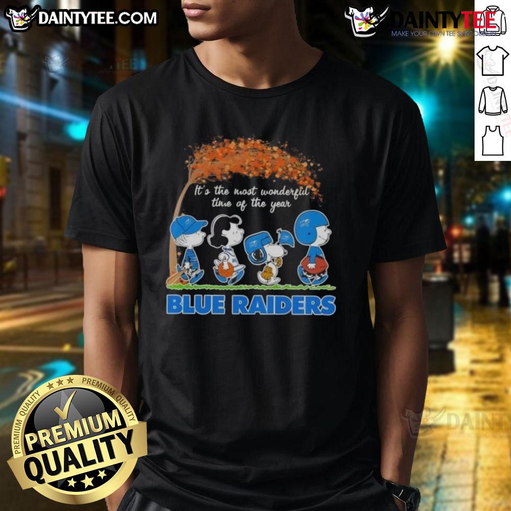 Cute Peanuts Snoopy And Friends It's The Most Wonderful Time Of The Year Blue Raiders T-Shirt Alt Text: Cute Peanuts Snoopy and Friends 'It's The Most Wonderful Time Of The Year' Blue Raiders T-Shirt design