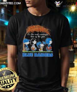 Alt Text: Cute Peanuts Snoopy and Friends 'It's The Most Wonderful Time Of The Year' Blue Raiders T-Shirt design