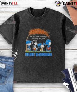 Alt Text: Cute Peanuts Snoopy and friends on a blue Raiders washed t-shirt for the most wonderful time of the year.