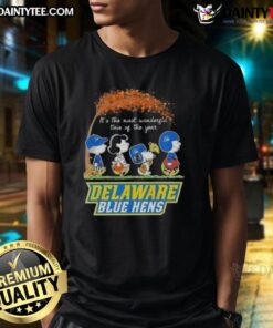 Alt Text: Cute Peanuts Snoopy and Friends It's The Most Wonderful Time Of The Year Delaware Blue Hens T-Shirt design.