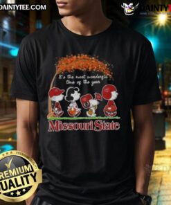 Alt Text: Cute Peanuts Snoopy and Friends holiday T-shirt featuring 'It's The Most Wonderful Time Of The Year' in Missouri State design.