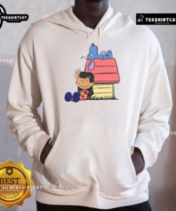 Alt Text: Cute Peanuts Snoopy X Stitch hoodie with 'It Means Nobody Gets Left Behind' design, perfect for fans of both characters.