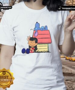 Cute Peanuts Snoopy X Stitch tee featuring 'It Means Nobody Gets Left Behind' for ladies, perfect for casual wear.