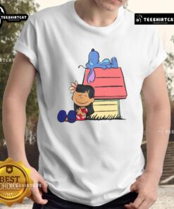 Alt Text: Cute Peanuts Snoopy X Stitch & Lilo T-shirt featuring It Means Nobody Gets Left Behind slogan in vibrant colors.