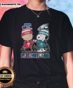 Alt Text: Cute Philadelphia Phillies and Eagles 75th Anniversary Peanuts Snoopy Ladies Tee featuring vibrant graphics.