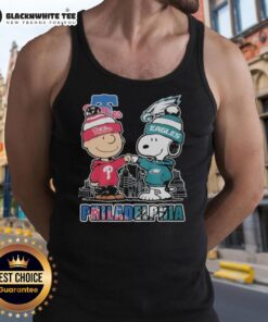 Adorable Cute Philadelphia Phillies and Eagles 75th Anniversary Peanuts Snoopy tank top showcasing team spirit and nostalgia.