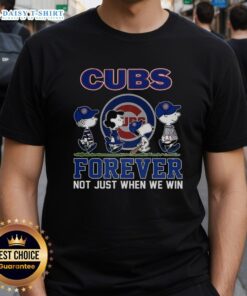 Alt Text: Cute Snoopy and Friends X Chicago Cubs Forever T-Shirt for baseball lovers, showcasing fun cartoon design.