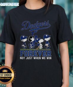 Alt Text: Cute Snoopy and Friends X Los Angeles Dodgers Forever tee for baseball lovers, perfect for ladies who cheer all season.