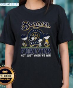 Alt Text: Cute Snoopy and Friends Milwaukee Brewers tee for ladies, ideal for baseball lovers who celebrate every game.