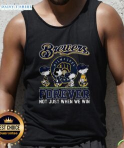 Alt Text: Cute Snoopy and friends graphic on Milwaukee Brewers tank top for baseball lovers, celebrating fandom all season.