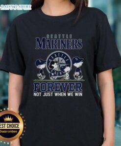 Alt Text: Cute Snoopy and Friends Seattle Mariners tee for baseball lovers, perfect for women who support their team.
