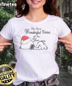 Alt Text: Cute Snoopy Christmas Hat tee for women, celebrating the most wonderful time of the year in festive style.
