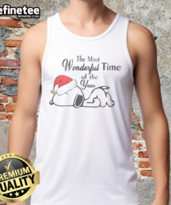 Alt Text: Adorable Snoopy wearing a Christmas hat on a tank top, celebrating 'The Most Wonderful Time of the Year'.