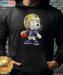 Alt Text: Cute Snoopy holding a ball, smiling at Notre Dame Fighting Irish fans, wearing a cozy hoodie.
